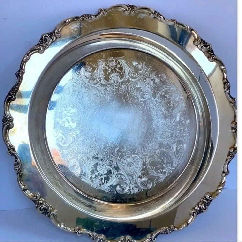Lunt Round Silver Plate Tray Modern Victorian Floral Buffet Dish
